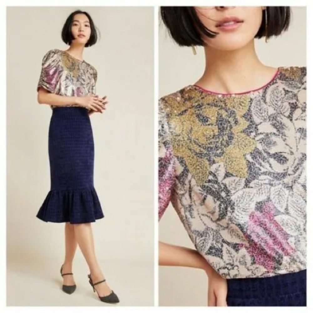 Anthropologie Marie Floral Sequin Top